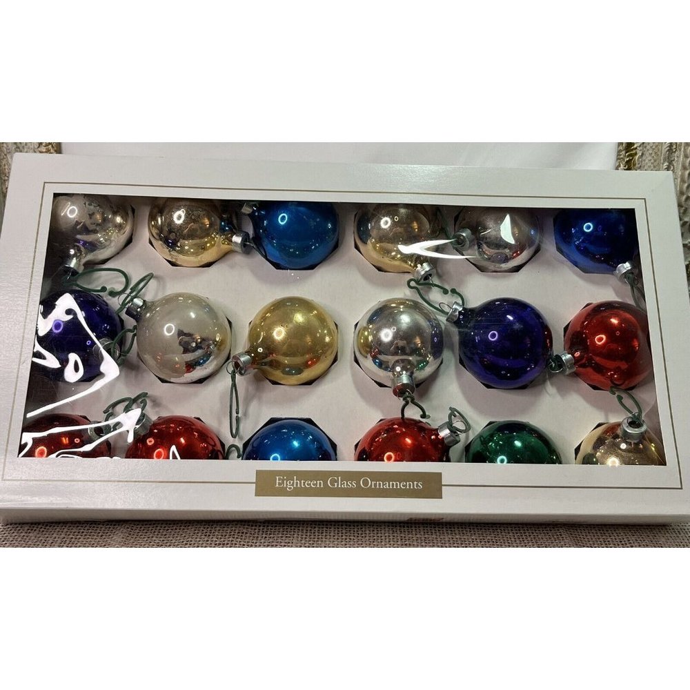 18 Vintage Christmas Tree Glass Ornaments Round Multi-Colored Ornaments
